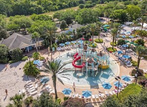 Leaky bucket area in the water park - loungers to relax in the sun or shade