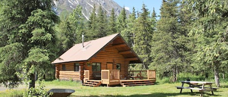 View of the outside of the log cabin.