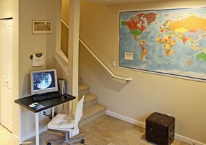 First level for your bags, shoes (please no shoes upstairs) and boarding passes.