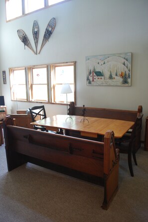 dining table with antique church pews