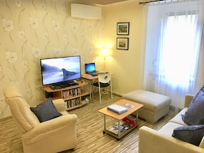 Living room, a big 46inch smart TV +DVD player and movie library, desk