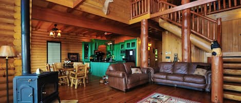 Large open real-- Log Cabin.  Feature large 75" TV with SONOS sound system.