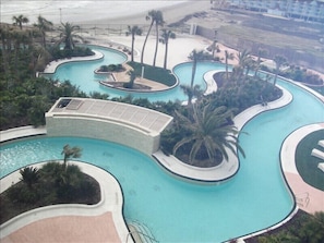 Lazy river with slide and swim-up bar