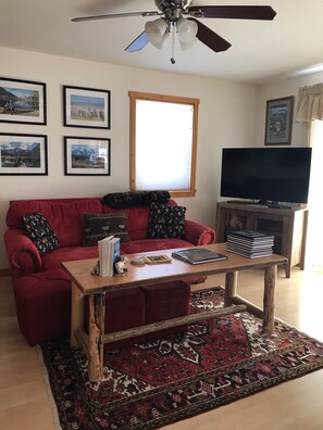 Living Room with Flat Screen tv and books in tv cabinet