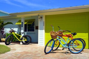 Seven bicycles are stored on the property and available to rent.