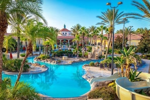 2.5 acre resort pool oasis with slide, lazy river, and pools