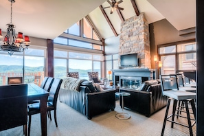 Living room with stunning views and fireplace