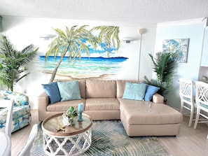 Queen size sleep sofa in comfortable living area