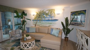 View of Living area, ocean front with a queen pullout sofa