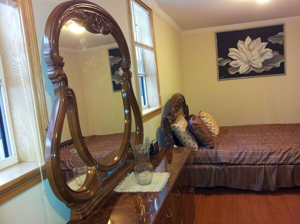 This master bedroom for travelers has beautiful Italian furniture. 