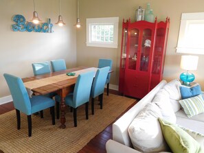 The dining area offers plenty of space to savor coffee or dinner with friends