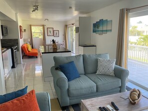 Lounge kitchen Dining Area in very light colors - 12 ft sliders on both ends