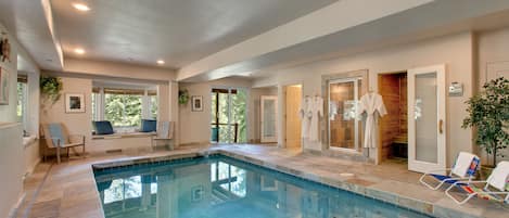 Spa room w/ Indoor heated swimming pool, sauna, steam rm w/ shower, hot tub
