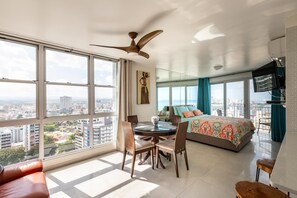 This is a corner studio apartment with mesmerizing city & ocean panoramic views