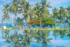 The infinity pool has stunning views of Kahaluu Beach Park.