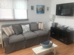 Living Room has HD-TV, Blue-Ray, Surround Sound, Playstation, Movie Library etc