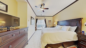 King bedroom has a private entrance, HD smart TV,  and en-suite full bathroom