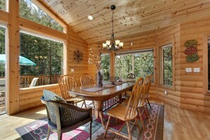 Dining table sits eight, the kitchen counter sits five,  buffet table sits four