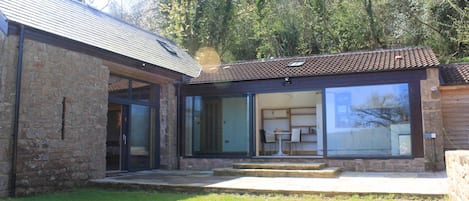 High View Barn kitchen with living area on left