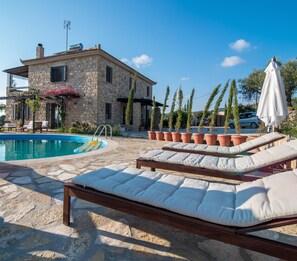 Sunny pool & south patio with views of the Ionian sea and Kyparissia mountain