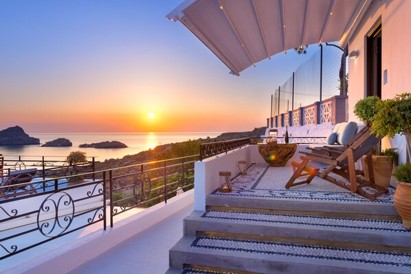 Panoramic sea view of Lindos main harbor from the veranda!!!