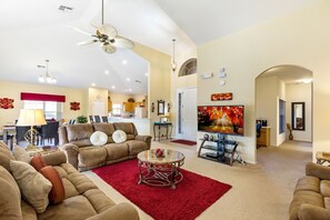 Kitchen and quiet seating area all in one room