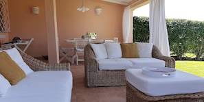 Patio with living and dining area