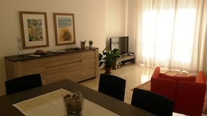 Detail of the equipment of the lounge: free-to-air satellite  40” TV and DVD player. Large access door to the terrace.