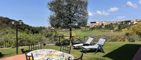 Blick von der Terrasse zum Dorf Montescudaio