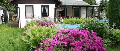 Bungalow + Pool mit Azaleenblüte