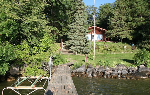 Welcome to Loon Nest- view of the cabin from the dock and shore station.