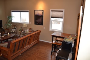 Enjoy breakfast or dinner at the bar.  Microwave, toaster oven and fridge.