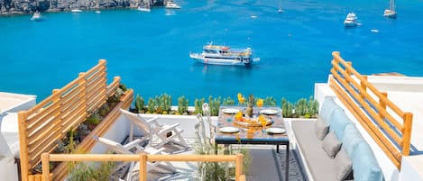 Panoramic sea view of Lindos main harbor from the roof terrace!!!