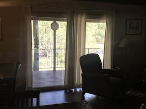 Looking out to front yard through large sliding door.