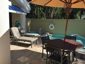 Patio and Pool. Dining table for 4. Hot Tube and Pool