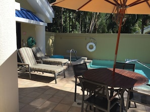 Patio and Pool. Dining table for 4. Hot Tube and Pool