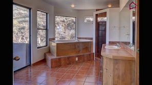 Master bath with two person jetted tub and walk-in shower with a view!