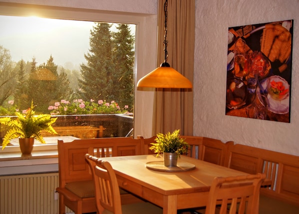 Dining area with view over balcony 