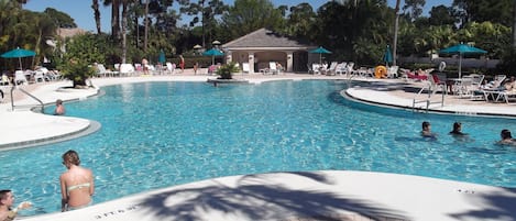 Resort style pool with cabana.