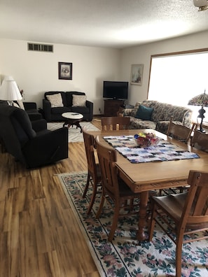Dining area looking into living room