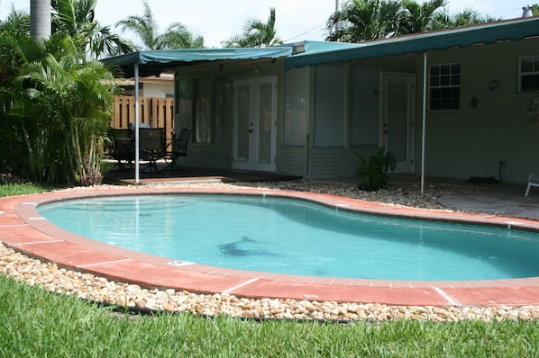 Pool, wood covered Deck and covered patio