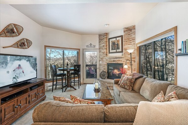 Living Room with large windows. Door to outside deck. Nice Majestic Fireplace. 