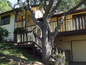 Oak covered elevated front balcony