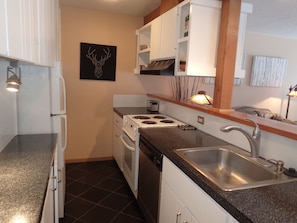 Fully equipped, well-lit kitchen includes stainless dishwasher and new microwave