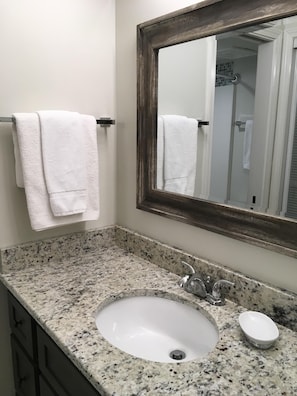 En suite primary bath with driftwood mirror, granite, new vanity, linen closet.