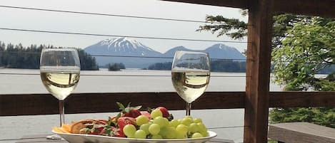 Large deck off the main living area with an  unobstructed view of Mt Edgecumbe