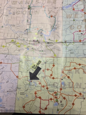 Snowmobile trail map and approx location of rental home. 