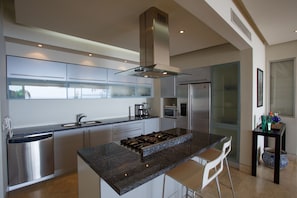 Kitchen with professional stove and stainless appliances