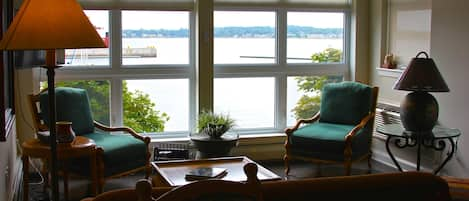 Living room overlooking harbour marina 
