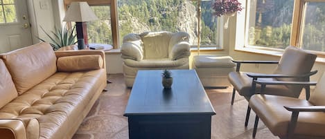 Living room with spectacular views of granite cliff of Boulder Falls